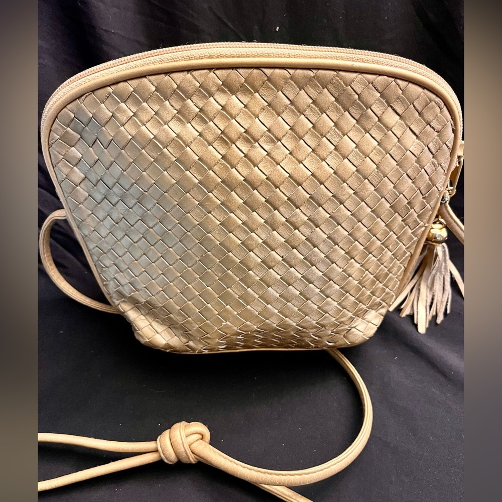 Vintage 80s Gold Metallic Woven Leather Crossbody Bag Boho Tassel Purse Glam